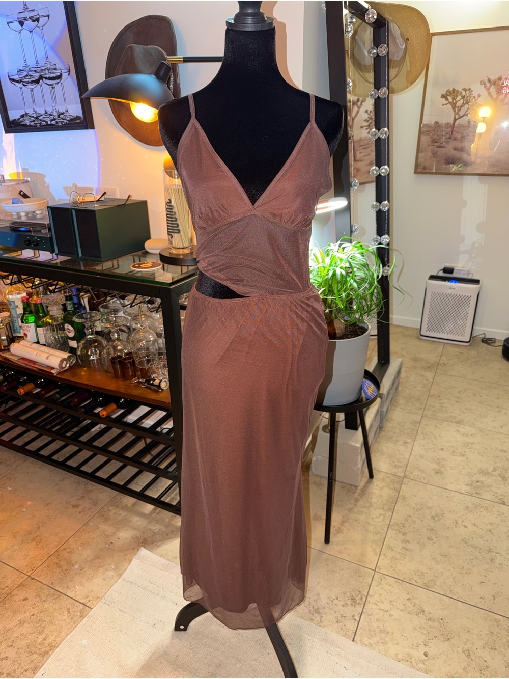 Amazon Brown Sheer Maxi Dress with Cutout